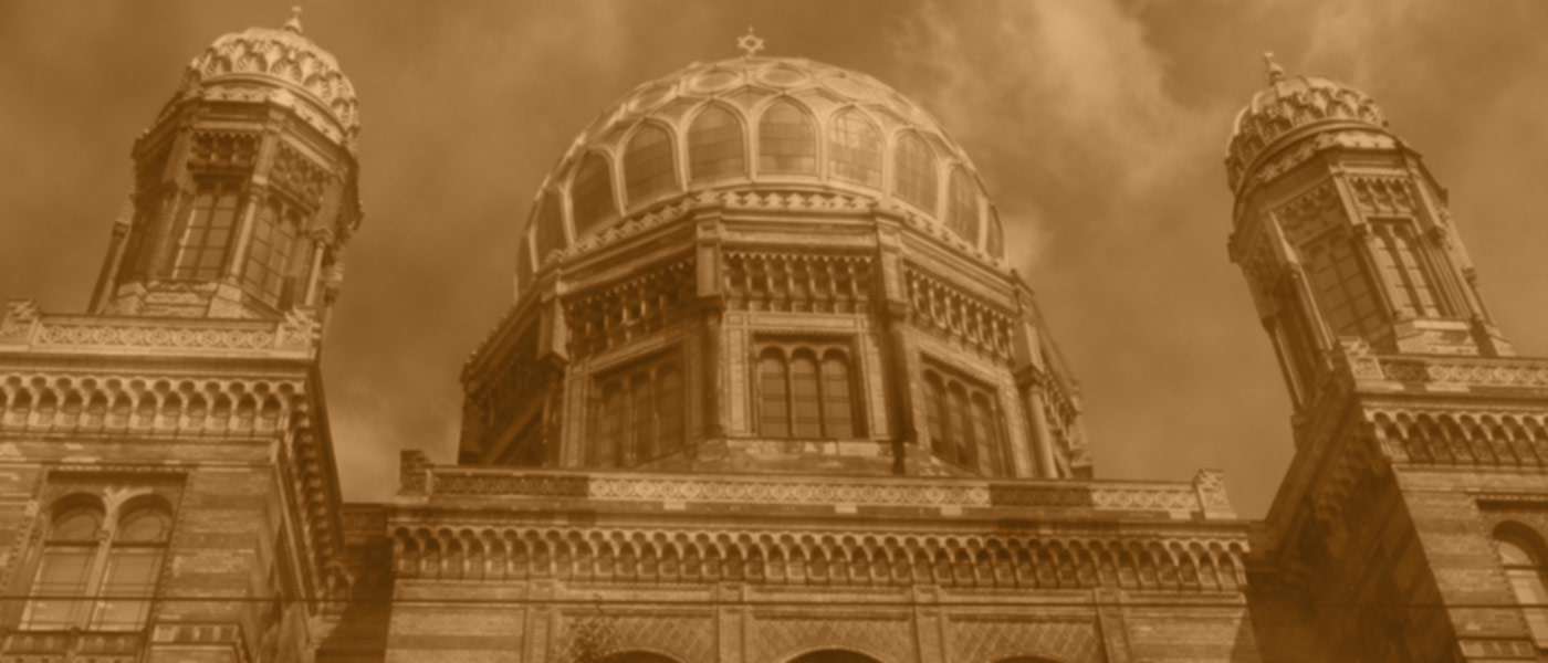 Sepia tone photo of an ornate Jewish temple