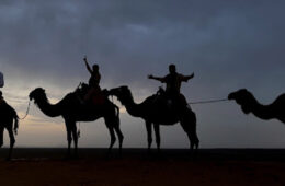 Photo of the silhouettes of four people riding on camels
