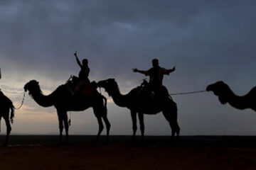 Photo of the silhouettes of four people riding on camels