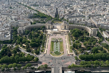 Photo taken from the Eiffel Tower showing the buildings and greenery of Paris