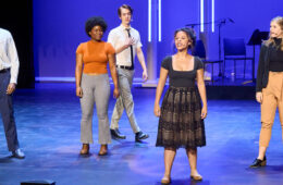 Photo of five theater students performing onstage during the Phase 2 dedication of the Maltz Performing Arts Center