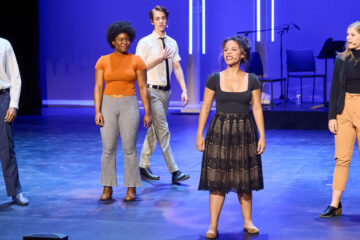 Photo of five theater students performing onstage during the Phase 2 dedication of the Maltz Performing Arts Center