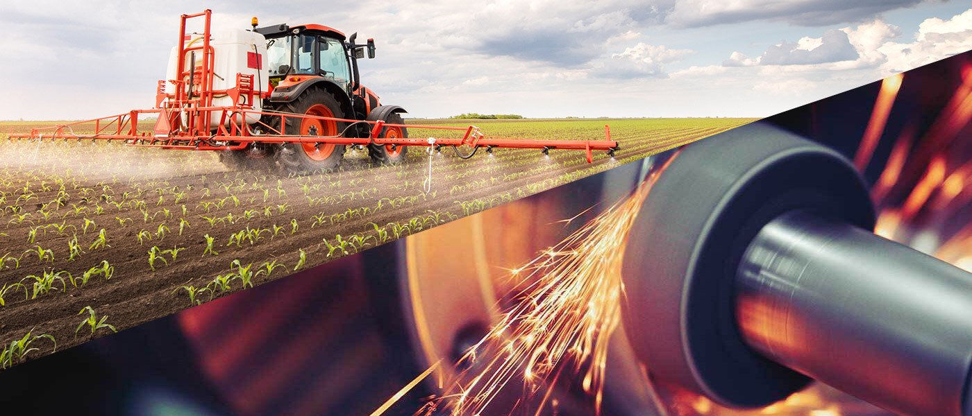 Photo composite image of a tractor in a field and another of a machine grinding metal in a manufacturing setting