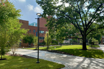 Photo of the newly renovated Case Quad showing shaded paths and trees