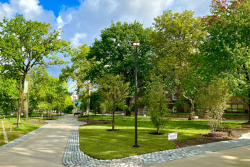 Photo of the newly renovated Case Quad showing paths and trees