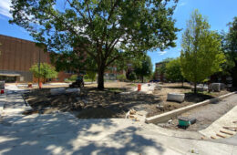 Photo showing construction underway on the Case Quad with a path being formed