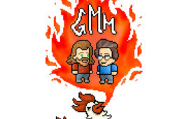 Photo of a 2d video game design showing a fire-breathing rooster and two people talking and the letters GMM in the fire