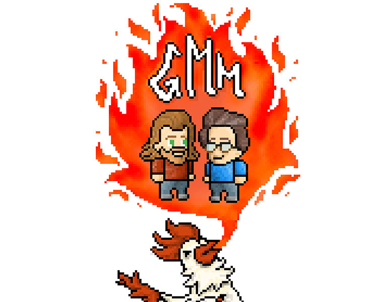 Photo of a 2d video game design showing a fire-breathing rooster and two people talking and the letters GMM in the fire