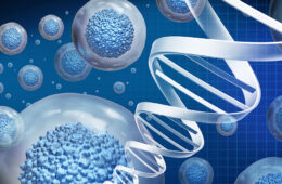 artist rendering of DNA and cells against a blue background