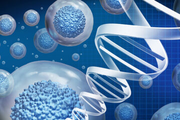 artist rendering of DNA and cells against a blue background