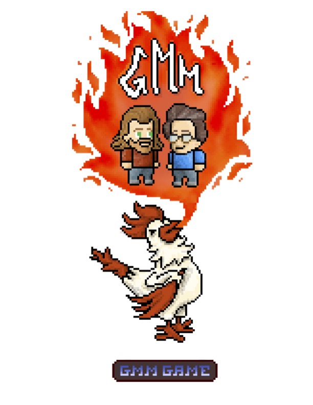 Photo of a 2d video game design showing a fire-breathing rooster and two people talking and the letters GMM in the fire and the GMM Game below the image