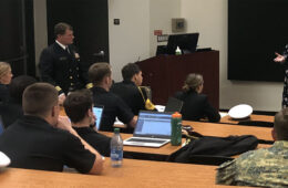 Photo of Shannon French presenting to a U.S. Naval Academy class