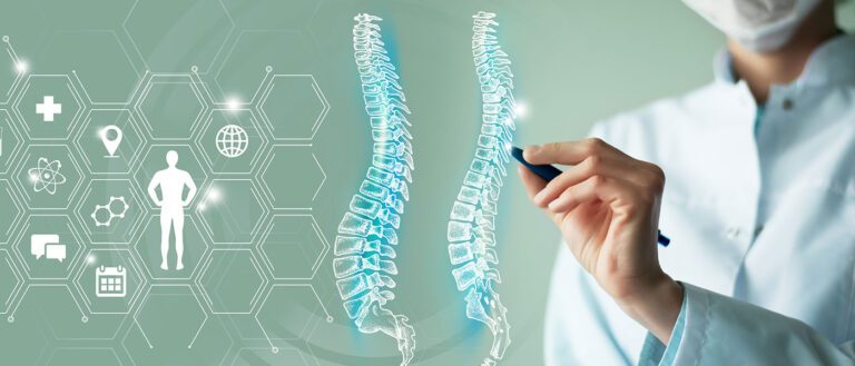 illustration of a scientist looking at a hologram of the human spine