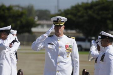 Dean Tufts (center) takes part in the 31st Seabee Readiness Group Change of Command.