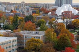 A overhead shot of the CWRU campus with changing tree colors