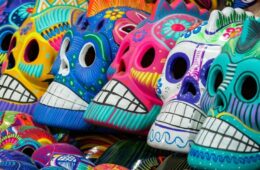A variety of decorated Day of the Dead skulls