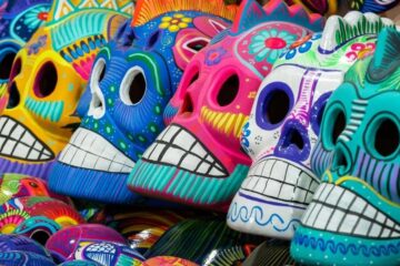 A variety of decorated Day of the Dead skulls