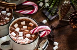 close up of hot chocolatr with marshmallows and candy canes