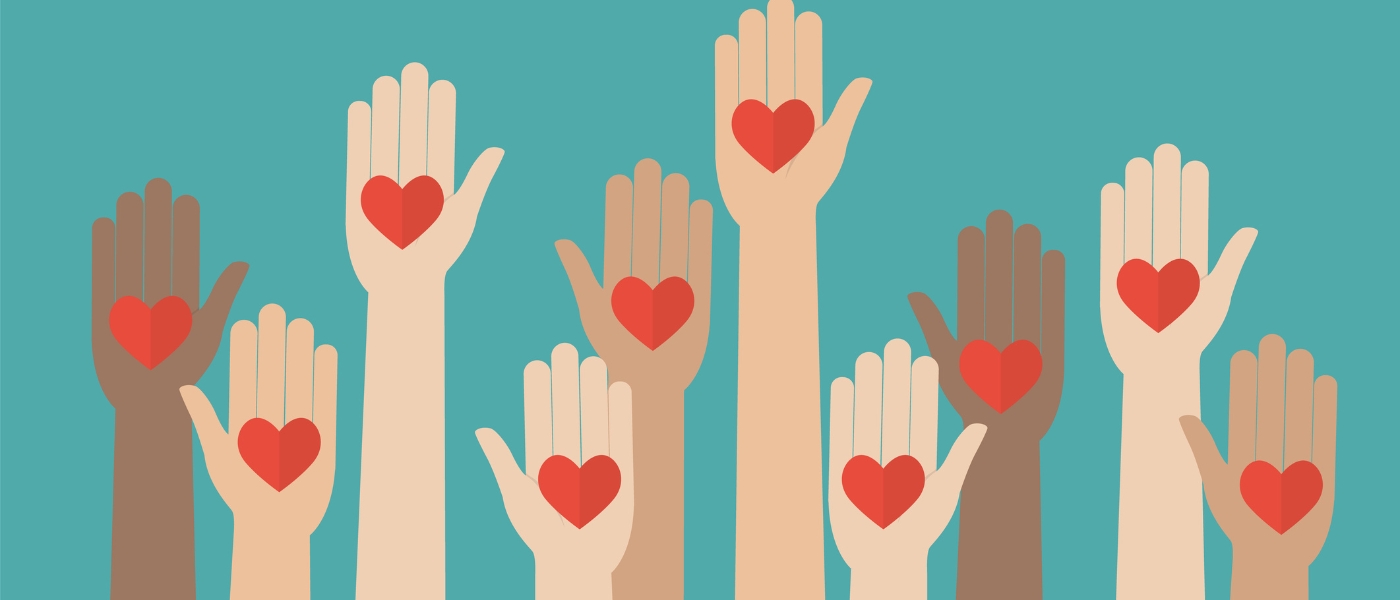 A cartoon version of raised hands with hearts.