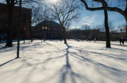 a long-shot view of the Case Quad in the winter