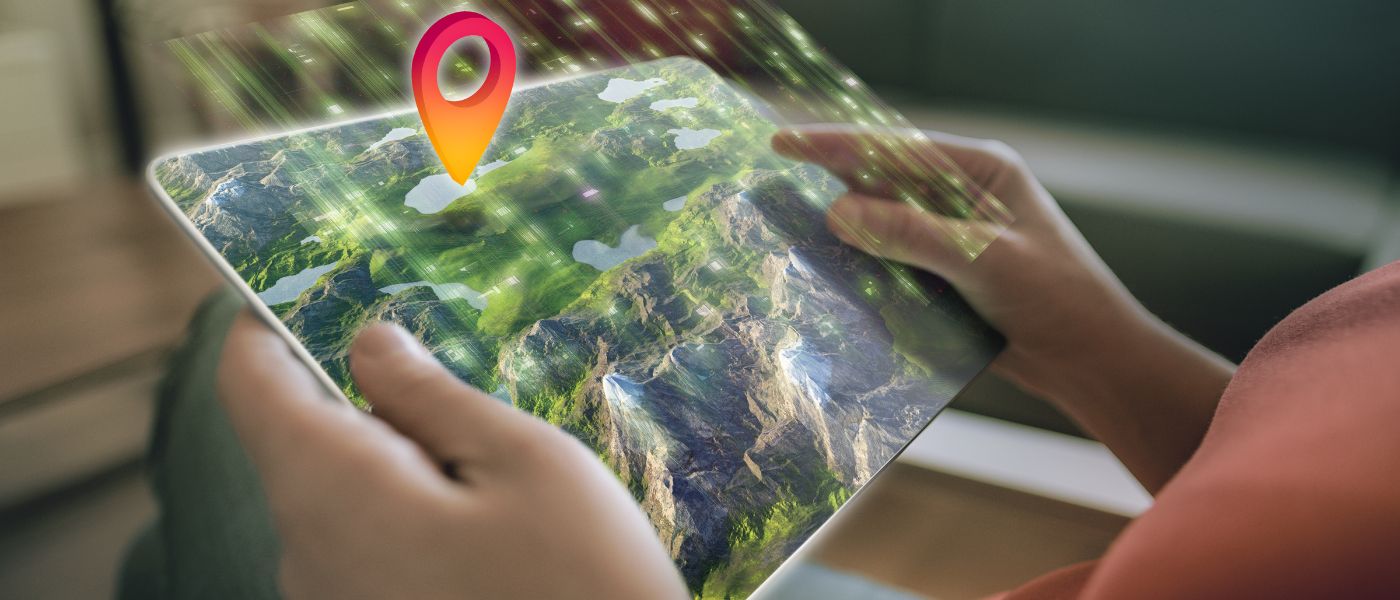 Augmented reality on a tablet. 3D map element designed by photographer.