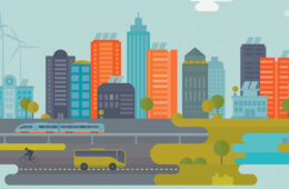 Graphic illustration of a downtown skyline.