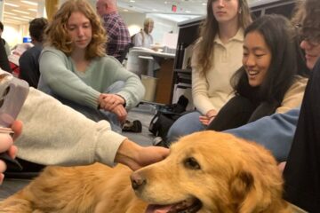 A group of students pet a therapy dog in the Kelvin Smith library.