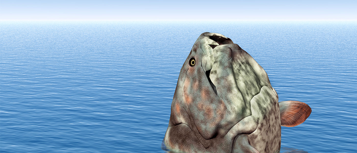 a computer-generated image of a dunkleosteus surfacing