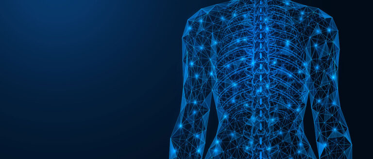 Photo illustration of interconnected lines and dots making up a human back and spine