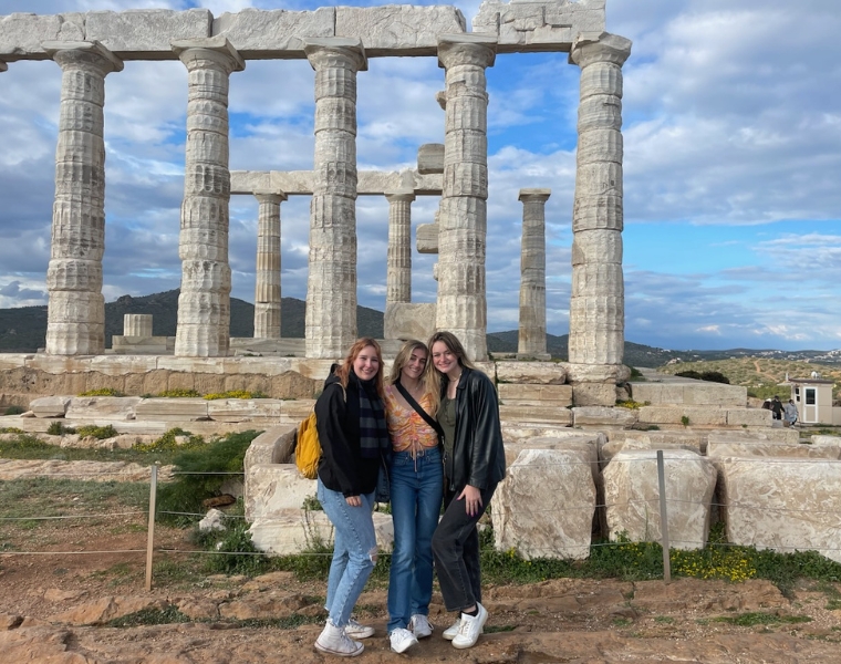 Students pose for a photo at the parthenon in Athens