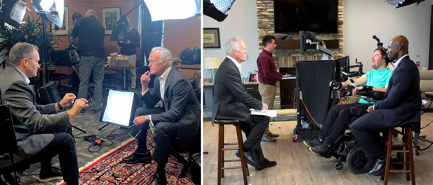 two photograps, the left showing Dustin Tyler speaking to 60 Minutes reporter Scott Pelley; the right showing A Bolu Ajiboye also speaking to Pelley in a separate interview