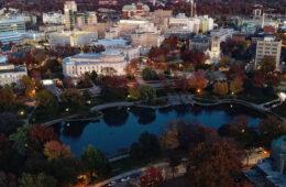 Aerial photo of campus taken at dusk