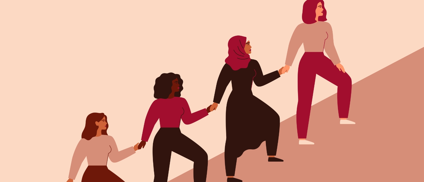 Four female characters walk up together and hold arms. Girls support each other. Friendship poster, the union of feminists and sisterhood. Vector illustration