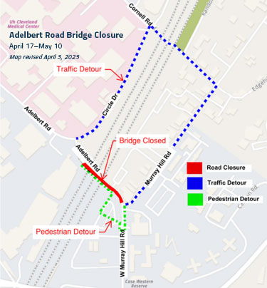 Map of Adelbert Road, Murray Hill Road and Circle Drive with a detour going from Murray Hill to Cornell to Circle