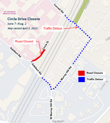 Map of detour on Adelbert Road, Murray Hill Road and Cornell Road with a road closure on Circle Drive