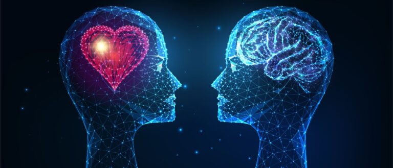 Futuristic emotional and intellectual intelligence concept with glowing low polygonal human heads with heart and brain isolated on dark blue background