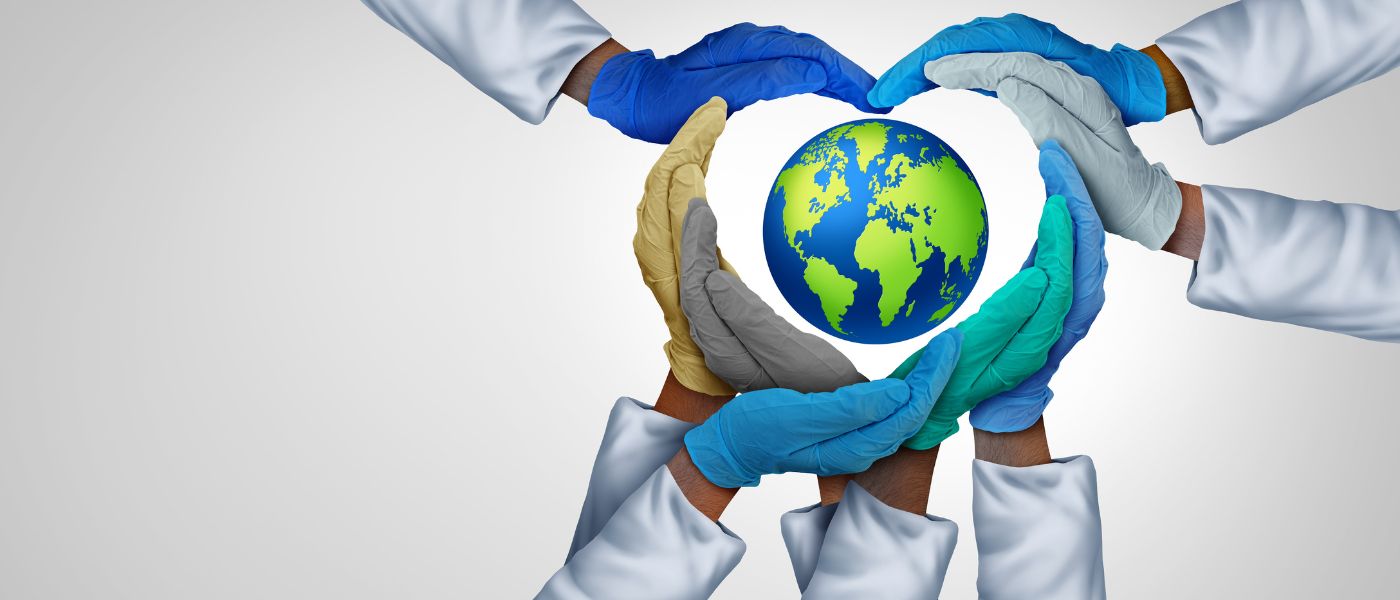 Global Medical teamwork and international medicine or world doctors unity and united health care partnership as doctor hands in a group of diverse medics connected together shaped as a heart symbol in a 3D illustration style.