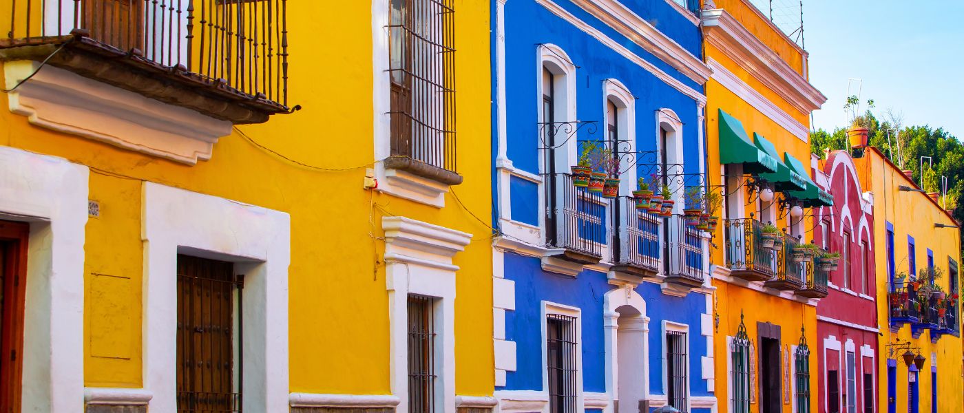 Streets of the center of the city of Puebla, various facades with bright colors and beautiful views