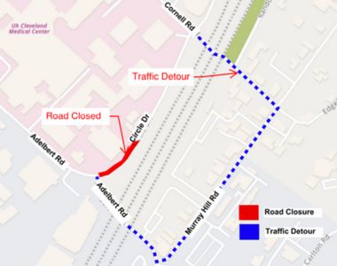 Illustration map of road closure and traffic detour routes for Circle Drive
