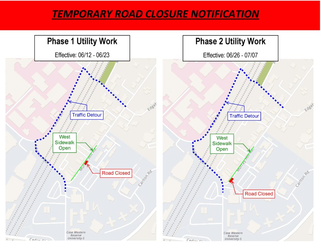 Photo showing the two phases of construction and the detoured route from the Murray Hill closure and detour to Circle Drive
