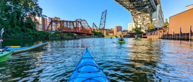 POV urban river kayaking trip in Cleveland.