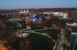 Aerial photo of the CWRU campus at dusk