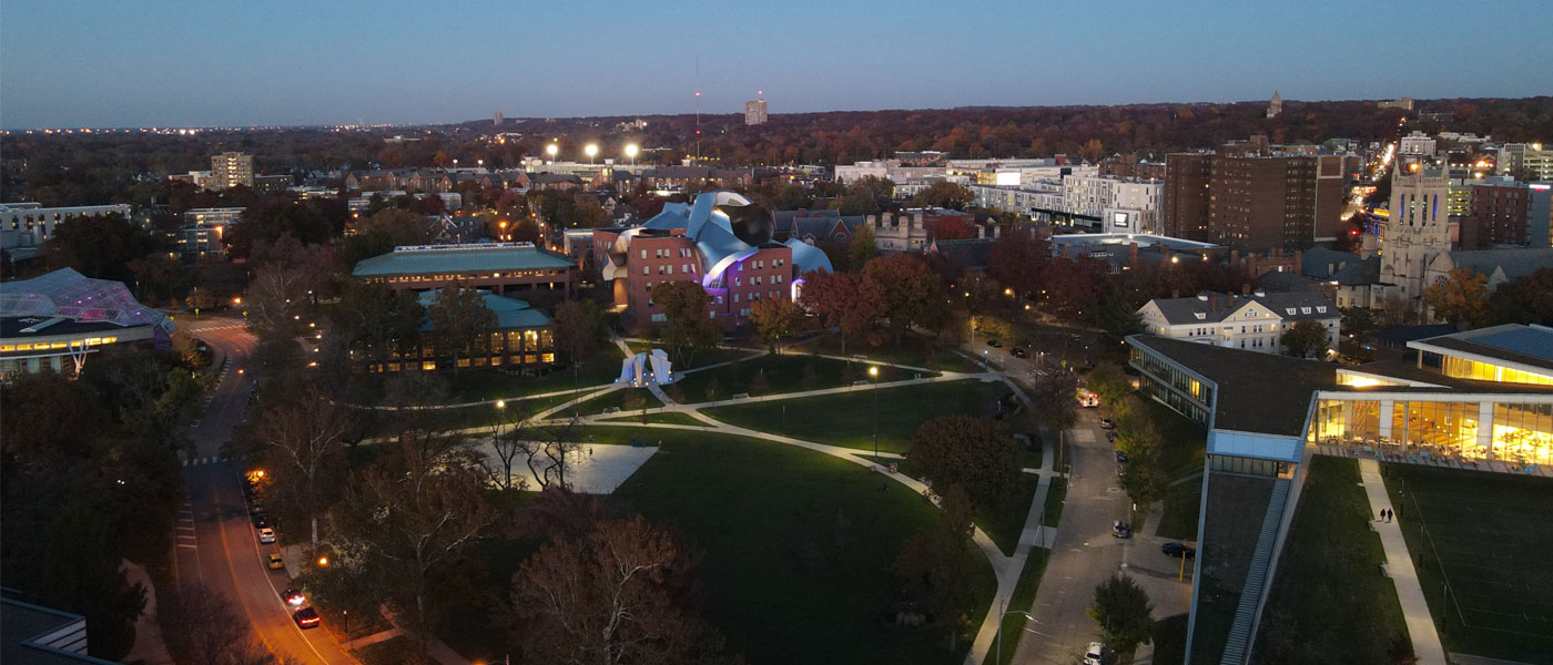 Aerial photo of the CWRU campus at dusk