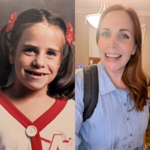 Side-by-side photos of Angela Capuozzo in third grade and today