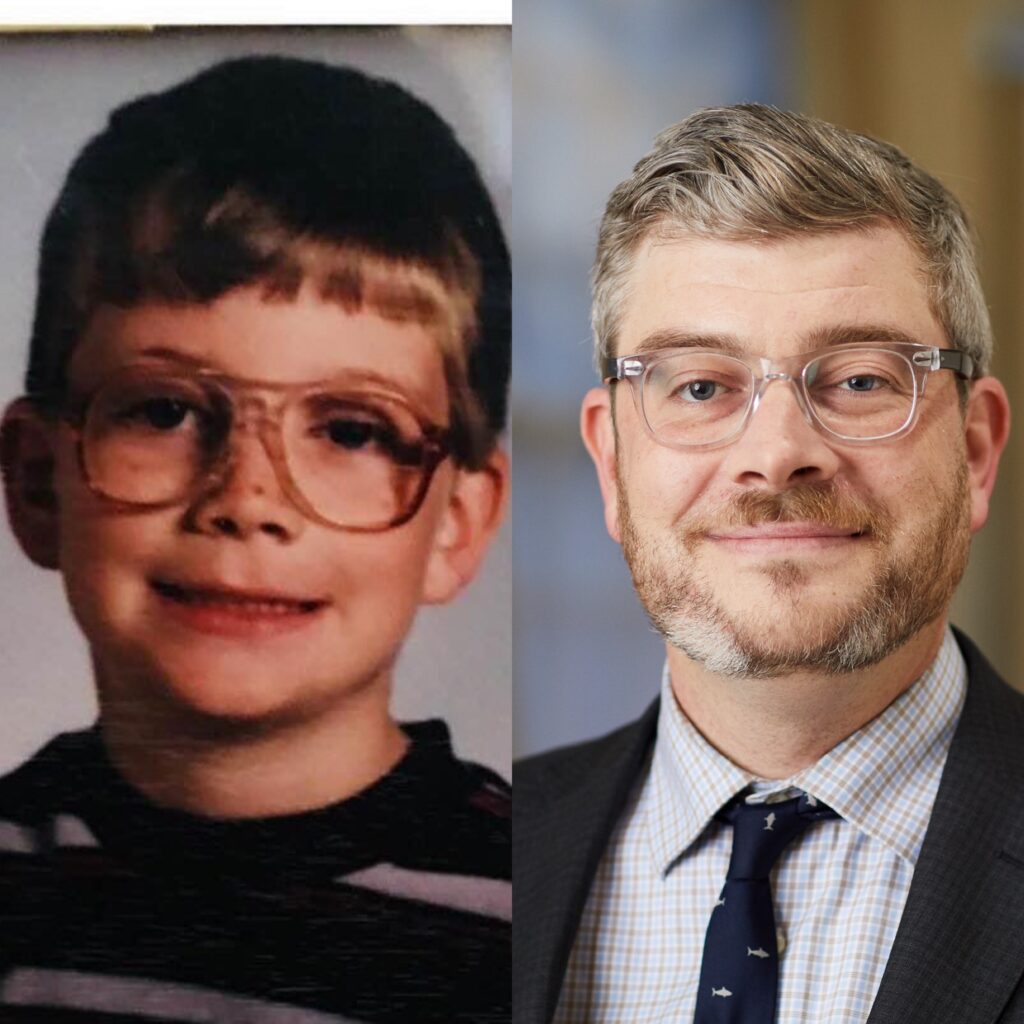 Side-by-side photos of Colin McEwan in third grade and today