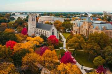 Aerial photo of CWRU's Case Quad in the fall