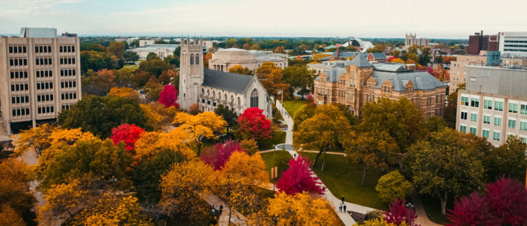 Aerial photo of CWRU&#039;s Case Quad in the fall