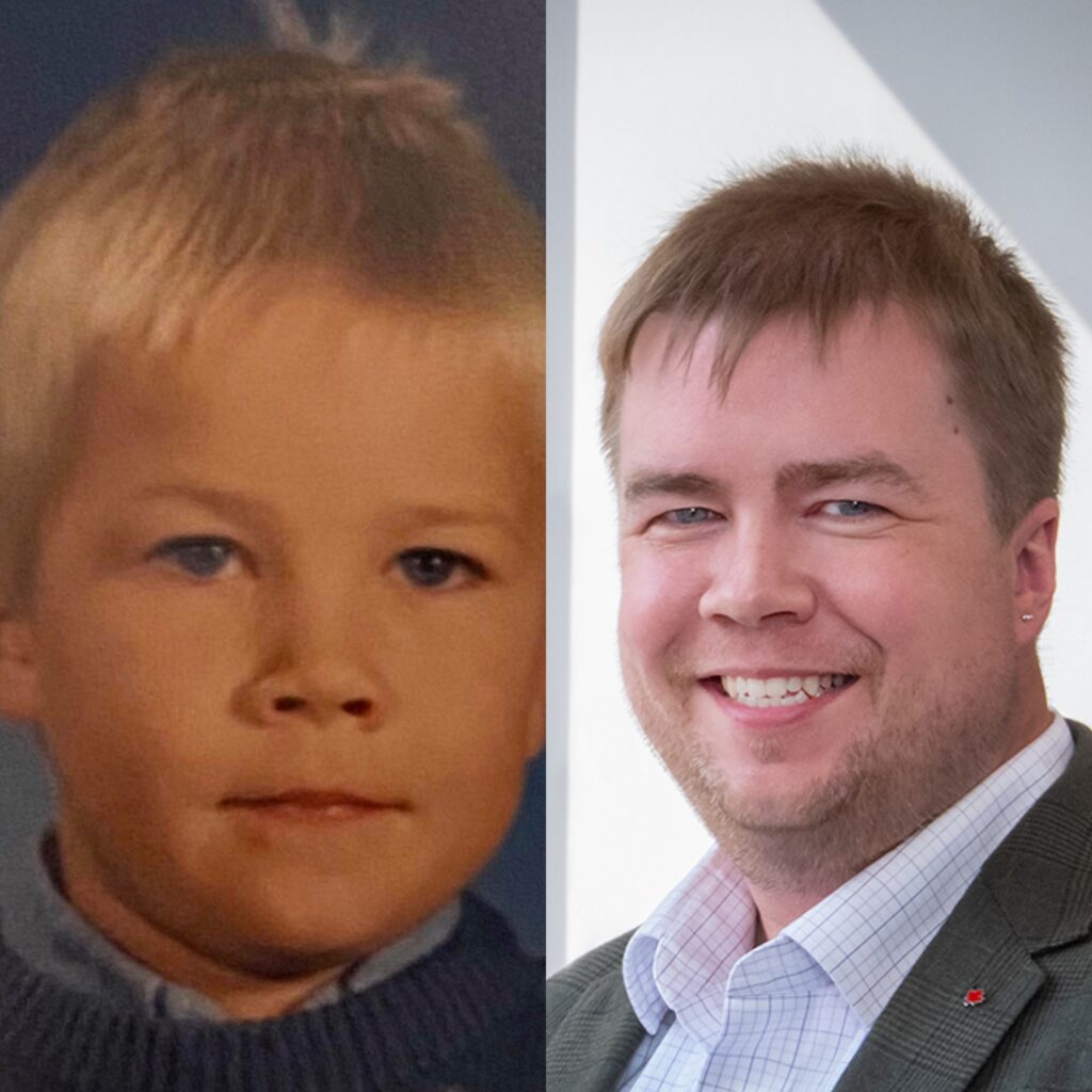 Side-by-side photos of Michael Hore in senior kindergarten and today