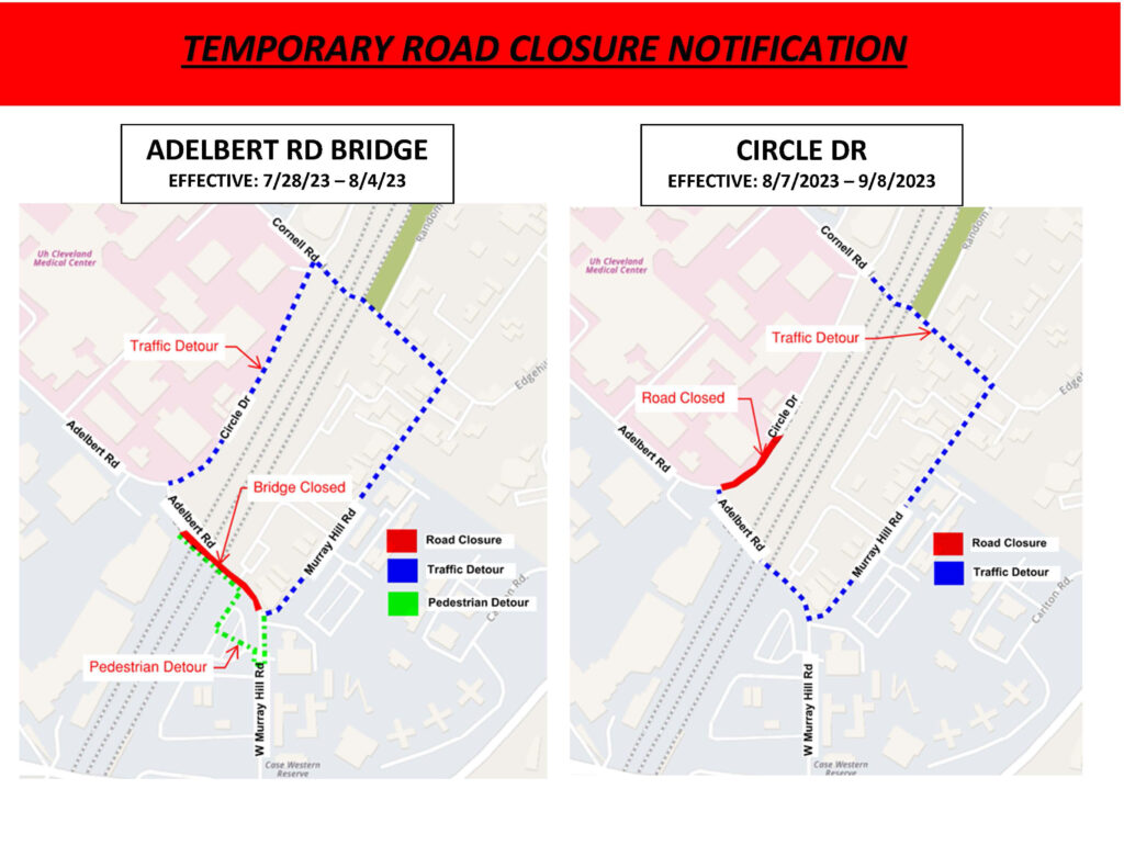 Illustration map of Adelbert Road Bridge and Circle Drive closures and the relevant detours
