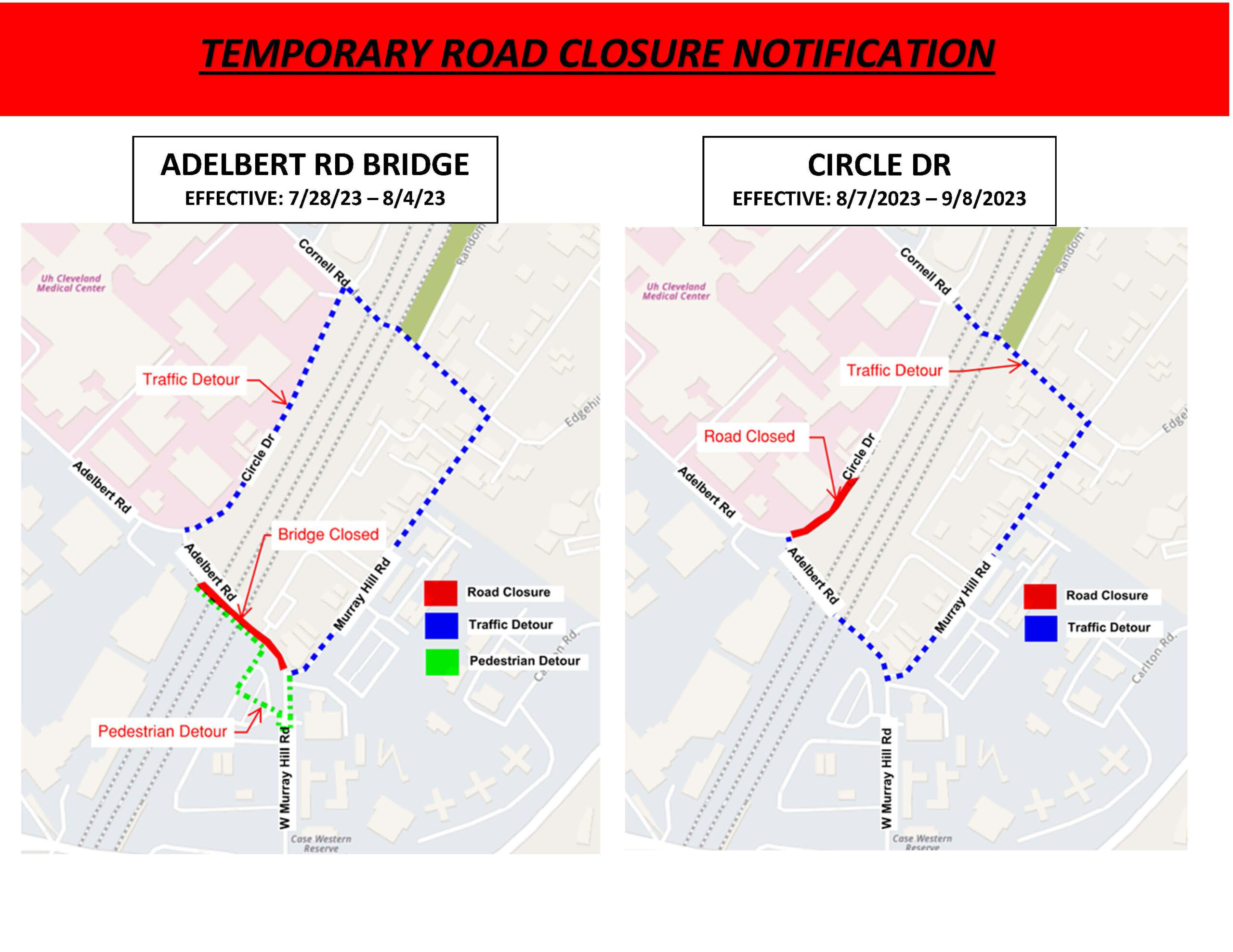 Illustration map of Adelbert Road Bridge and Circle Drive closures and the relevant detours